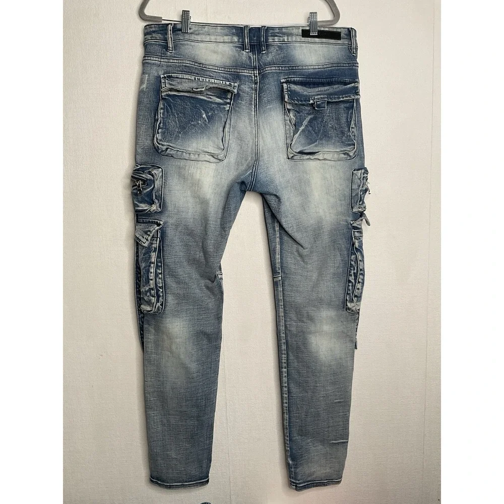 Embellish Biker Jeans Cargo Pockets Mens Size 38 Moto Hawk Cargo Stone‎ Wash
